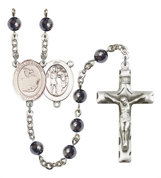 St. Sebastian / Gymnastics Rosary, 6mm Hematite Beads, Silver Plate, # 11981