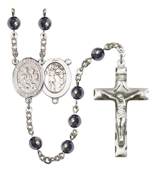 St. Sebastian / Choir Rosary, 6mm Hematite Beads, Silver Plate, # 11982