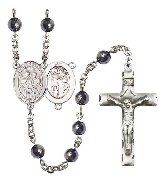 St. Sebastian / Choir Rosary, 6mm Hematite Beads, Silver Plate, # 11982