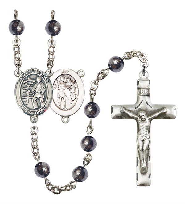 St. Sebastian / Karate Rosary, 6mm Hematite Beads, Silver Plate, # 11983