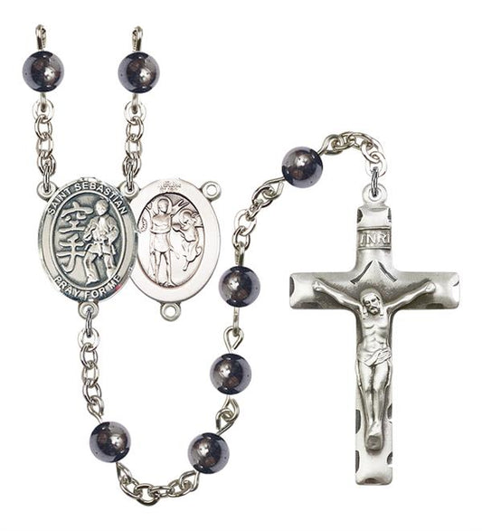 St. Sebastian / Karate Rosary, 6mm Hematite Beads, Silver Plate, # 11983