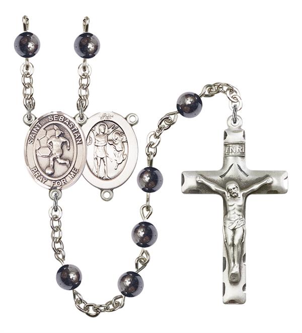 St. Sebastian / Women's Soccer Rosary, 6mm Hematite Beads, Silver Plate, # 11985