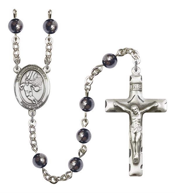 Guardian Angel / Basketball Rosary, 6mm Hematite Beads, Silver Plate, # 11988
