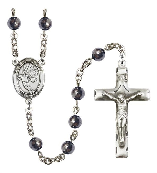 Guardian Angel / Basketball Rosary, 6mm Hematite Beads, Silver Plate, # 11988