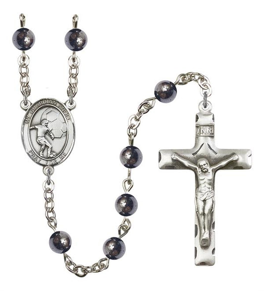Guardian Angel / Soccer Rosary, 6mm Hematite Beads, Silver Plate, # 11989