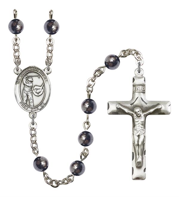 Guardian Angel / Golf Rosary, 6mm Hematite Beads, Silver Plate, # 11992
