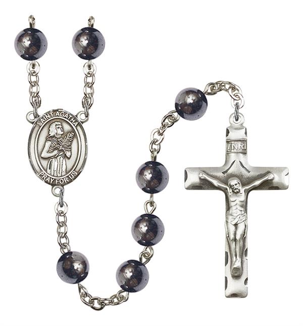 St. Agatha Rosary, 8mm Hematite Beads, Silver Plate, # 10963