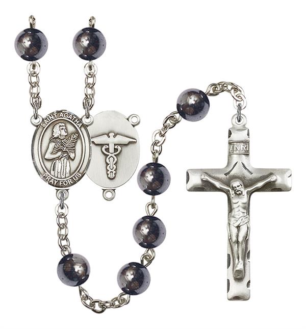 St. Agatha Nurse Rosary, 8mm Hematite Beads, Silver Plate, # 10964