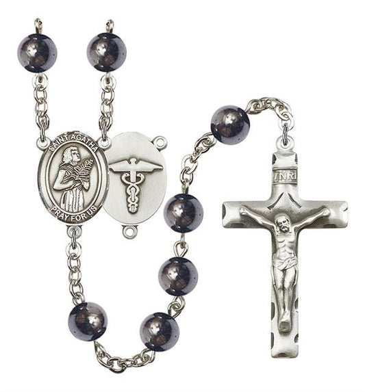 St. Agatha Nurse Rosary, 8mm Hematite Beads, Silver Plate, # 10964
