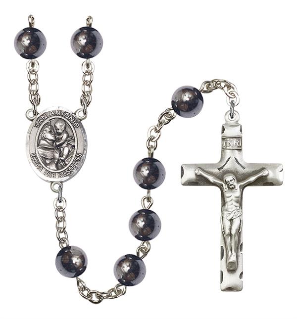 San Antonio Spanish Rosary, 8mm Hematite Beads, Silver Plate, # 10966