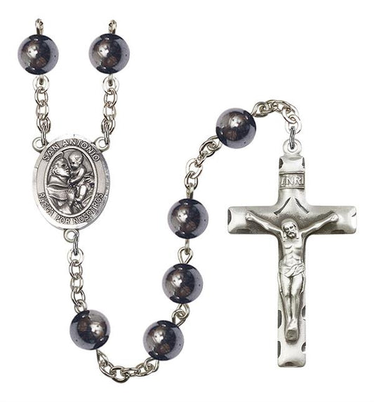 San Antonio Spanish Rosary, 8mm Hematite Beads, Silver Plate, # 10966