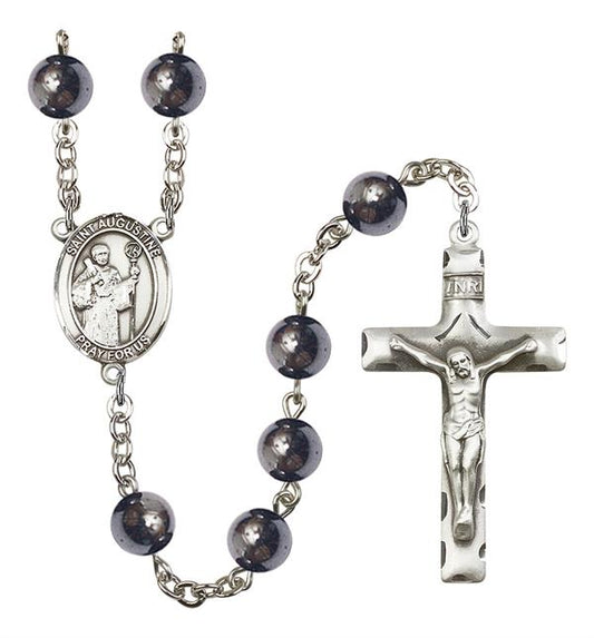 St. Augustine Rosary, 8mm Hematite Beads, Silver Plate, # 10970