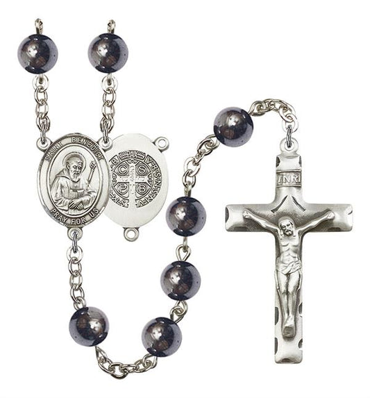 St. Benedict Rosary, 8mm Hematite Beads, Silver Plate, # 10971