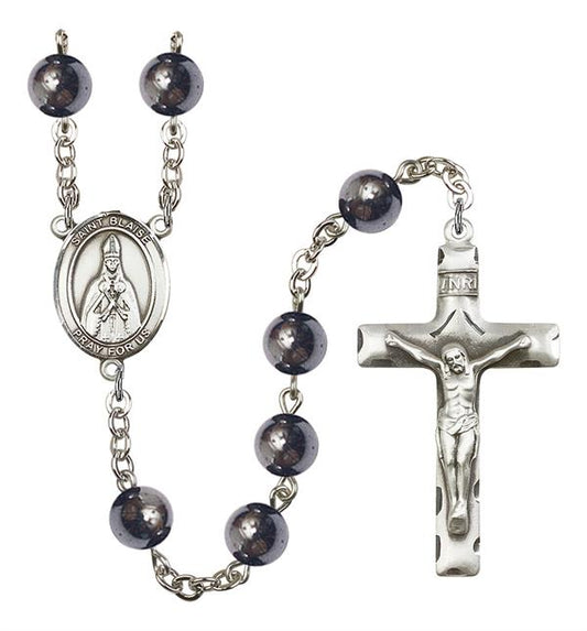 St. Blaise Rosary, 8mm Hematite Beads, Silver Plate, # 10973