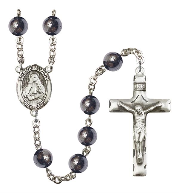 St. Frances Cabrini Rosary, 8mm Hematite Beads, Silver Plate, # 10974