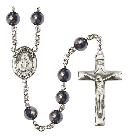 St. Frances Cabrini Rosary, 8mm Hematite Beads, Silver Plate, # 10974
