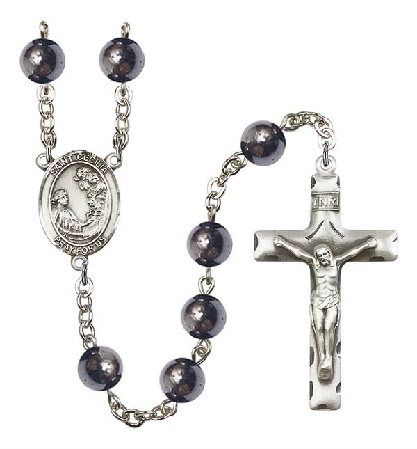 St. Cecilia Rosary, 8mm Hematite Beads, Silver Plate, # 10979
