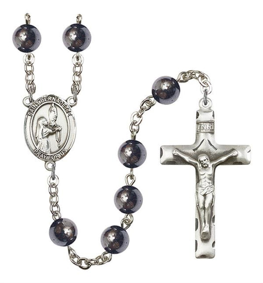 St. Bernadette Rosary, 8mm Hematite Beads, Silver Plate, # 10980