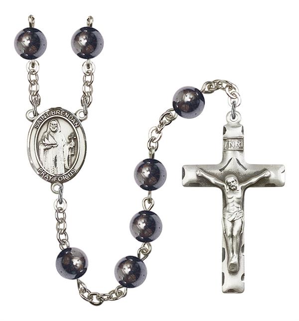 St. Brendan Rosary, 8mm Hematite Beads, Silver Plate, # 10981