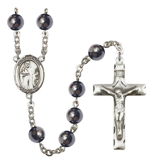 St. Brendan Rosary, 8mm Hematite Beads, Silver Plate, # 10981