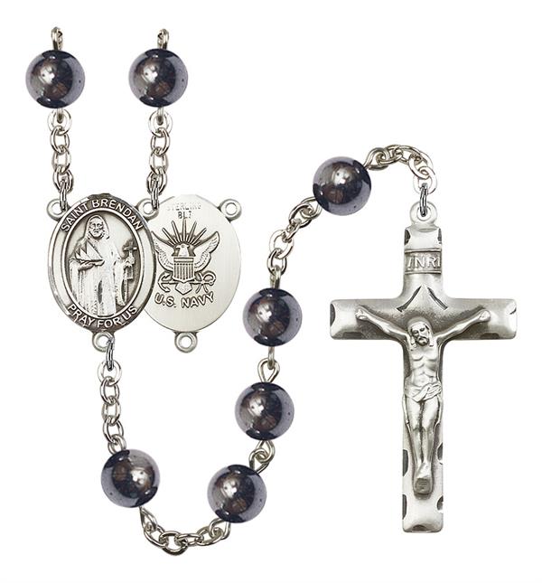 St. Brendan U.S. Navy Rosary, 8mm Hematite Beads, Silver Plate, # 10982