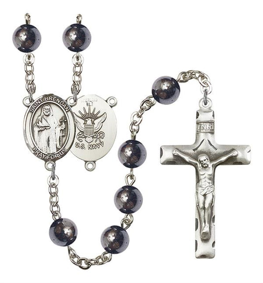 St. Brendan U.S. Navy Rosary, 8mm Hematite Beads, Silver Plate, # 10982