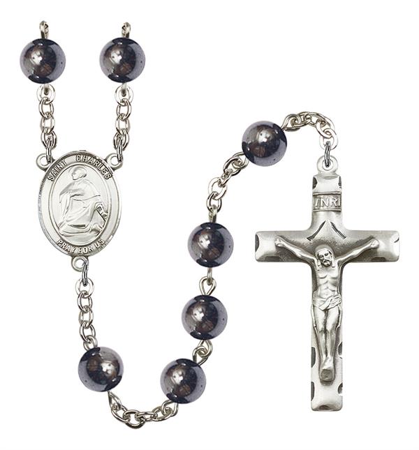 St. Charles Rosary, 8mm Hematite Beads, Silver Plate, # 10985