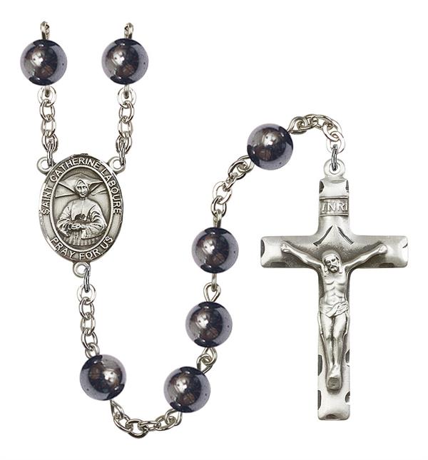 St. Catherine Laboure Rosary, 8mm Hematite Beads, Silver Plate, # 10986