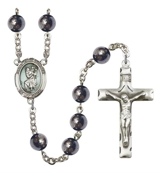 St. Christopher Rosary, Blue Enamel, 8mm Hematite Beads, Silver Plate, # 10988