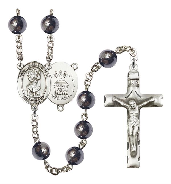 St. Christopher U.S. Air Force Rosary, 8mm Hematite Beads, Silver Plate, # 10989