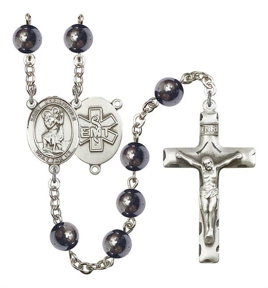 St. Christopher EMT Rosary, 8mm Hematite Beads, Silver Plate, # 10998