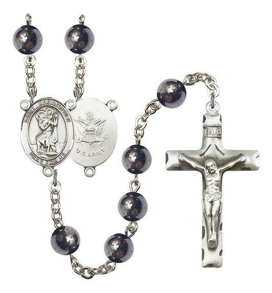 St. Christopher U.S. Army Rosary, 8mm Hematite Beads, Silver Plate, # 10990