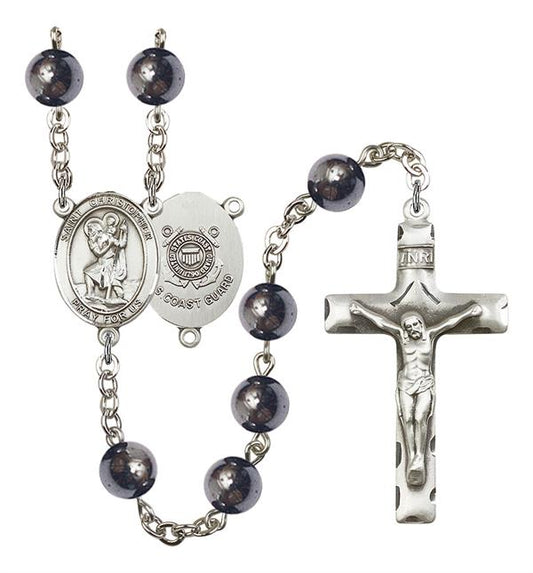 St. Christopher U.S. Coast Guard Rosary, 8mm Hematite Beads, Silver Plate, # 10991