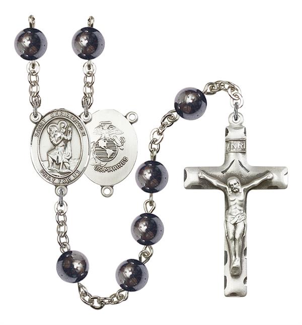 St. Christopher U.S. Marines Rosary, 8mm Hematite Beads, Silver Plate, # 10993
