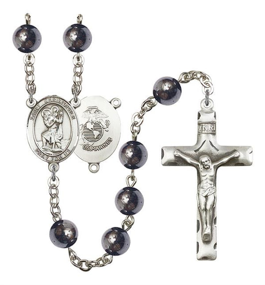 St. Christopher U.S. Marines Rosary, 8mm Hematite Beads, Silver Plate, # 10993