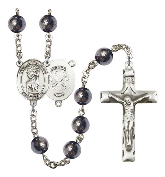 St. Christopher National Guard Rosary, 8mm Hematite Beads, Silver Plate, # 10994