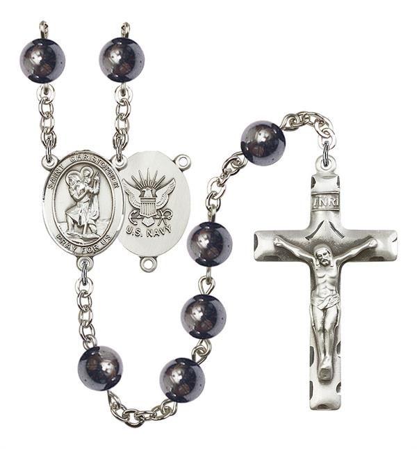 St. Christopher U.S. Navy Rosary, 8mm Hematite Beads, Silver Plate, # 10996
