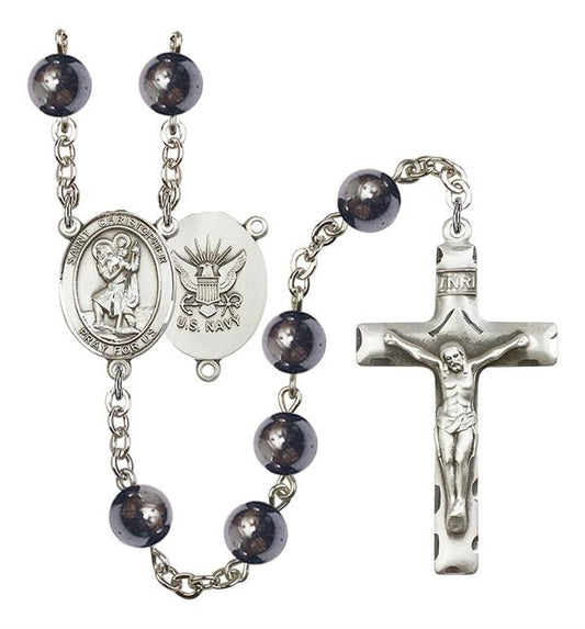 St. Christopher U.S. Navy Rosary, 8mm Hematite Beads, Silver Plate, # 10996