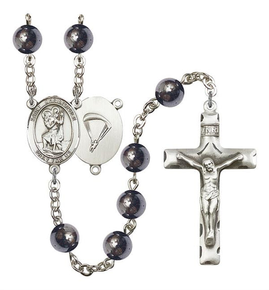 St. Christopher Paratrooper Skydiver Rosary, 8mm Hematite Beads, Silver Plate, # 10997