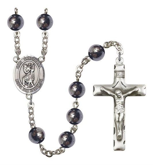 San Cristobal Spanish Rosary, 8mm Hematite Beads, Silver Plate, # 11001