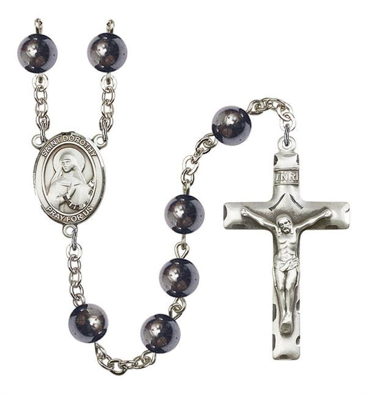 St. Dorothy Rosary, 8mm Hematite Beads, Silver Plate, # 11002