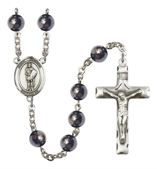St. Florian Rosary, 8mm Hematite Beads, Silver Plate, # 11018