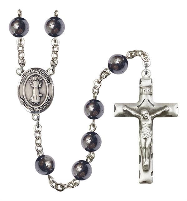 San Francisco Spanish Rosary, 8mm Hematite Beads, Silver Plate, # 11023