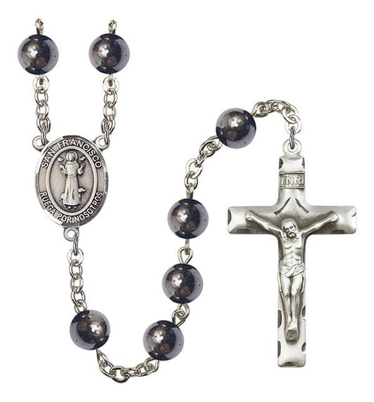 San Francisco Spanish Rosary, 8mm Hematite Beads, Silver Plate, # 11023