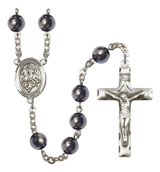 St. George Rosary, 8mm Hematite Beads, Silver Plate, # 11030