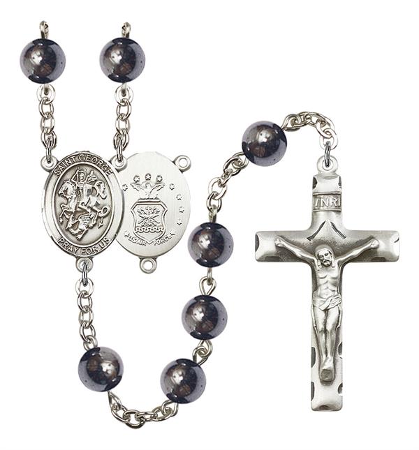 St. George U.S. Air Force Rosary, 8mm Hematite Beads, Silver Plate, # 11031