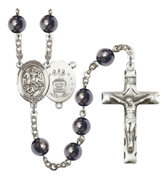 St. George U.S. Air Force Rosary, 8mm Hematite Beads, Silver Plate, # 11031