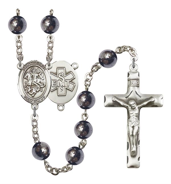 St. George EMT Rosary, 8mm Hematite Beads, Silver Plate, # 11048