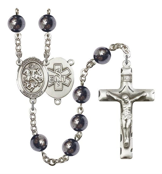 St. George EMT Rosary, 8mm Hematite Beads, Silver Plate, # 11048