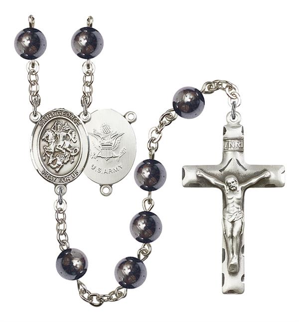 St. George U.S. Army Rosary, 8mm Hematite Beads, Silver Plate, # 11035